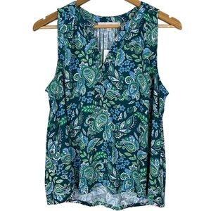 Loft Womens Tank Top Size Medium Paisley Henley Mixed Media Career Party Casual